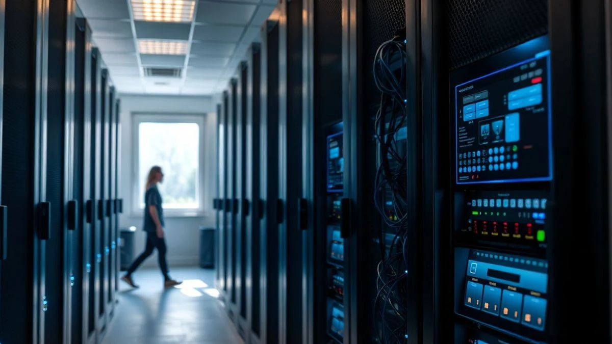 Pasillo de un centro de datos con servidores en rack y luces LED, una persona desenfocada al fondo.