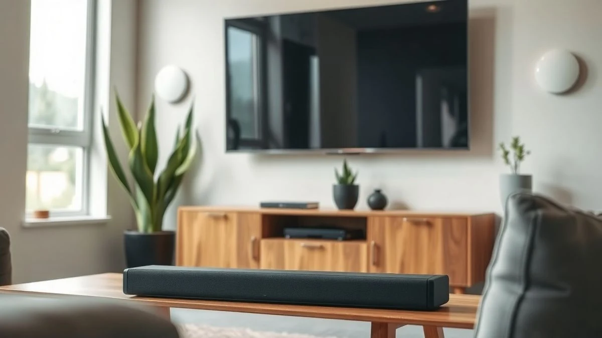 Una barra de sonido moderna sobre un mueble de madera frente a un televisor apagado, en un salón luminoso con paneles acústicos.