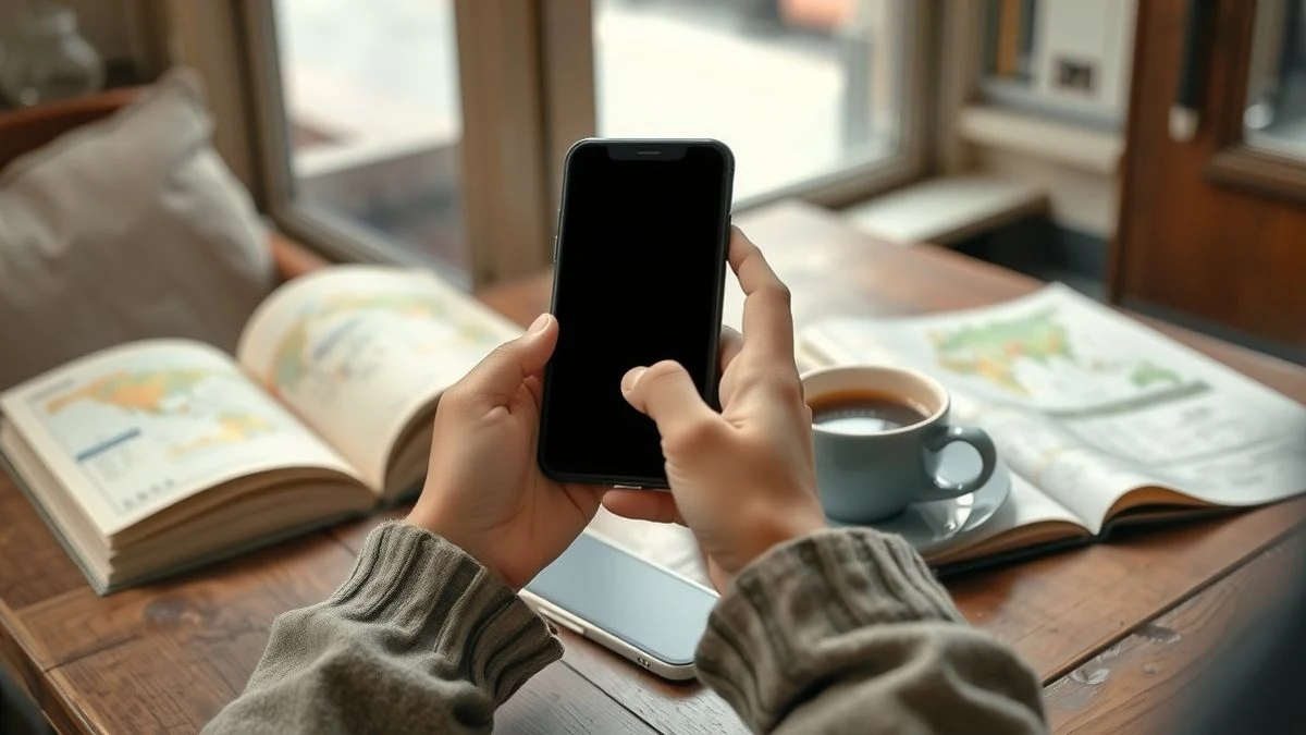 Primer plano de manos sosteniendo un teléfono móvil apagado sobre una mesa de madera con un mapa de papel y una taza de café en un café europeo.