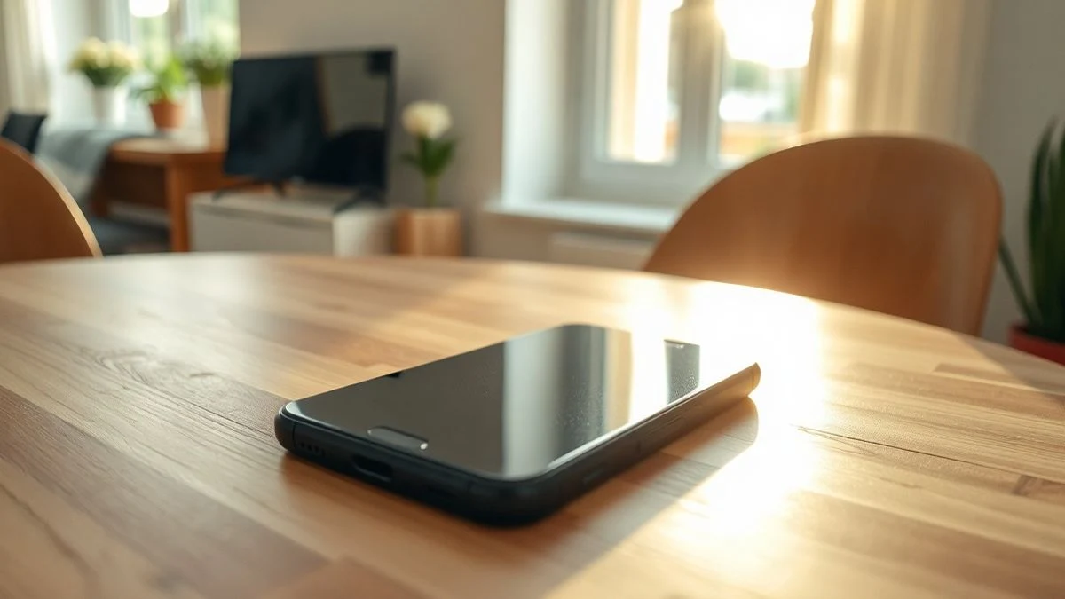 Un smartphone moderno apagado sobre una mesa de madera en un luminoso apartamento europeo.
