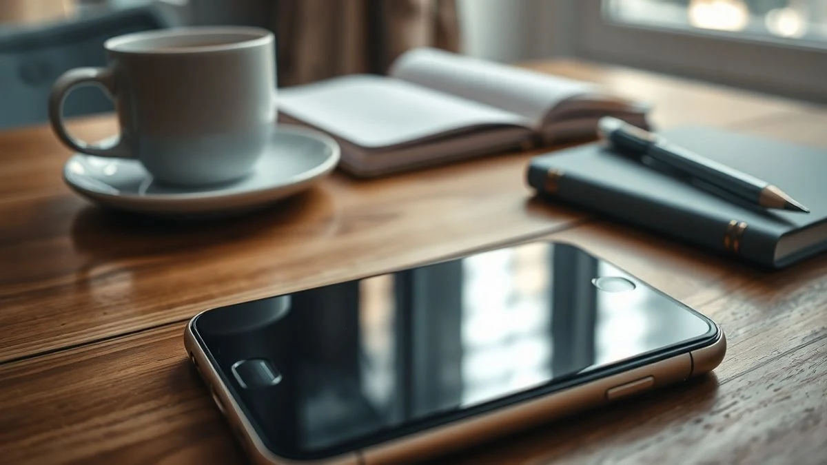 Primer plano de un teléfono inteligente apagado sobre una mesa de madera, junto a una taza de café y una libreta, con luz natural de ventana.