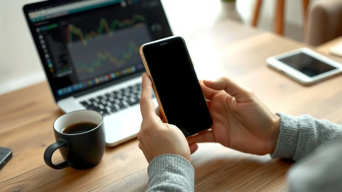 Primer plano de manos sosteniendo un smartphone apagado sobre una mesa de madera, con un portátil y una taza de café al fondo.