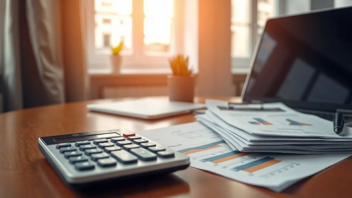 Primer plano de una calculadora y documentos financieros sobre un escritorio moderno, con un portátil apagado de fondo.