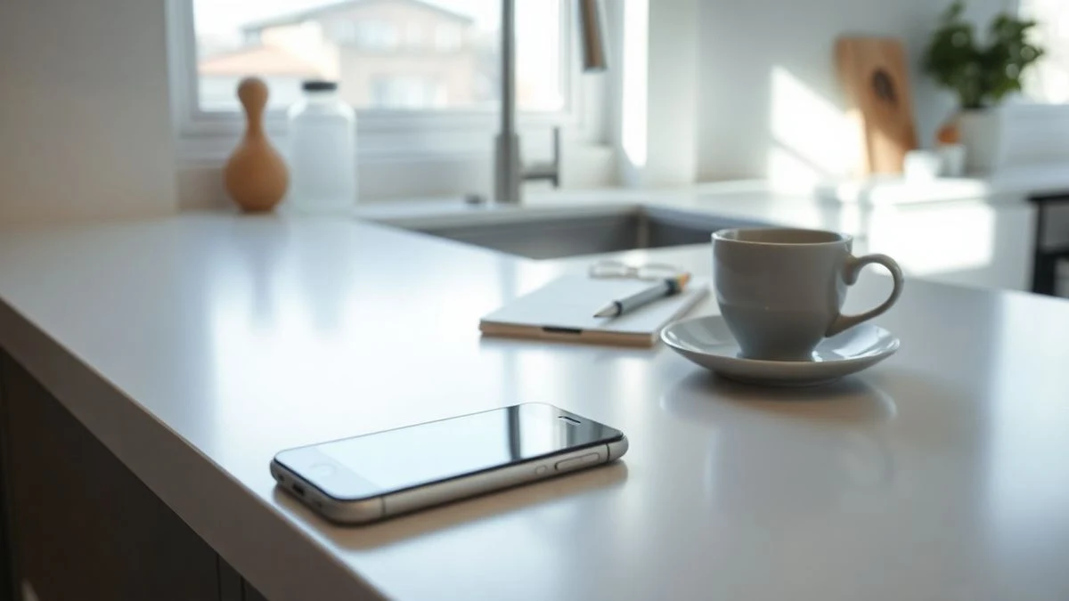 Un teléfono inteligente apagado sobre una encimera de cocina junto a una taza de café y un cuaderno abierto, con luz natural de la mañana.