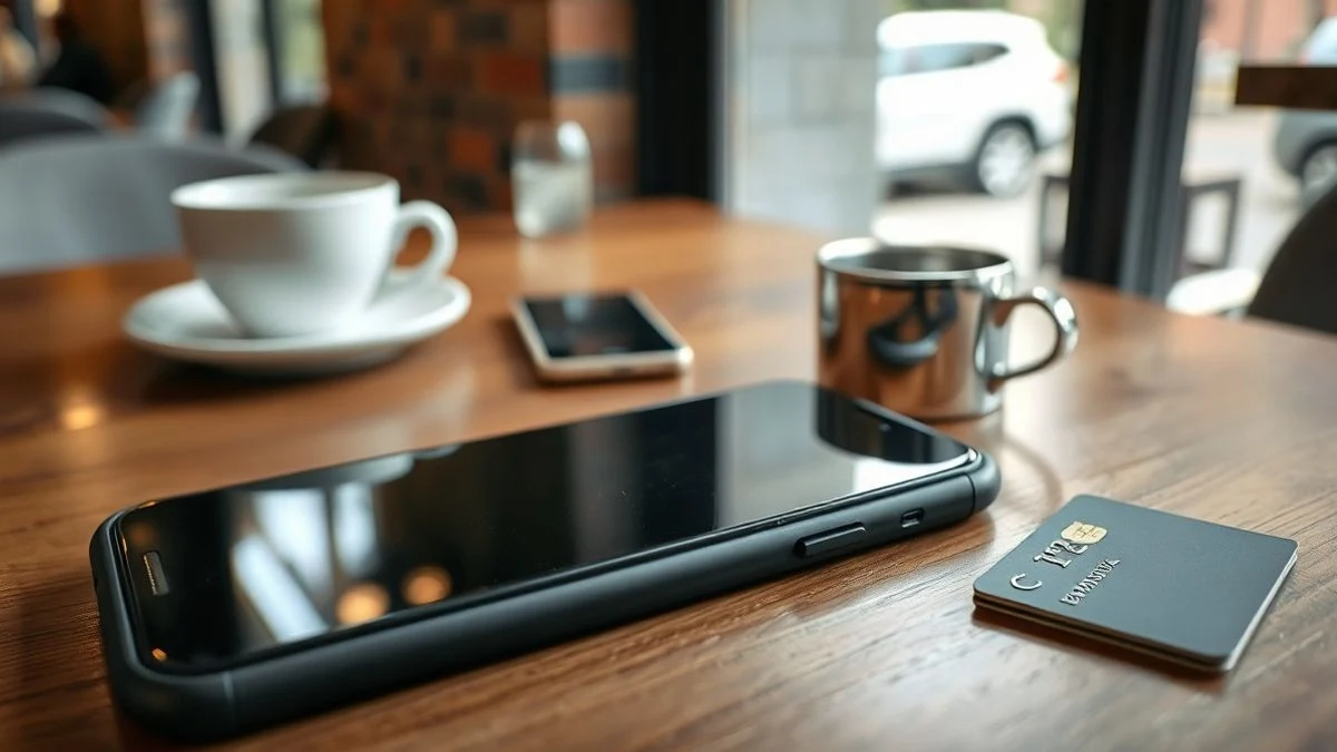 Primer plano de un smartphone apagado sobre una mesa de madera, junto a una taza de café y una tarjeta de crédito, en un café europeo.