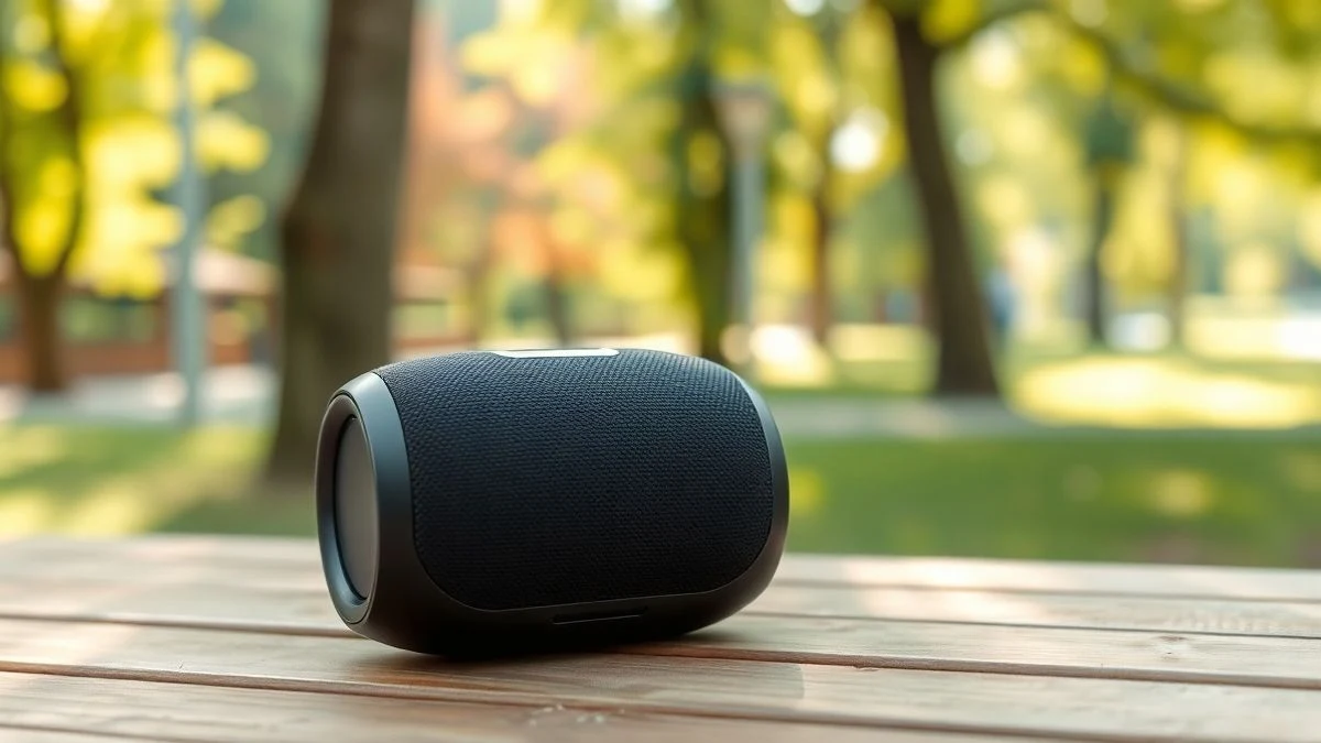Altavoz portátil cilíndrico de tela sobre una mesa de madera en un parque, con fondo verde desenfocado y luz natural.