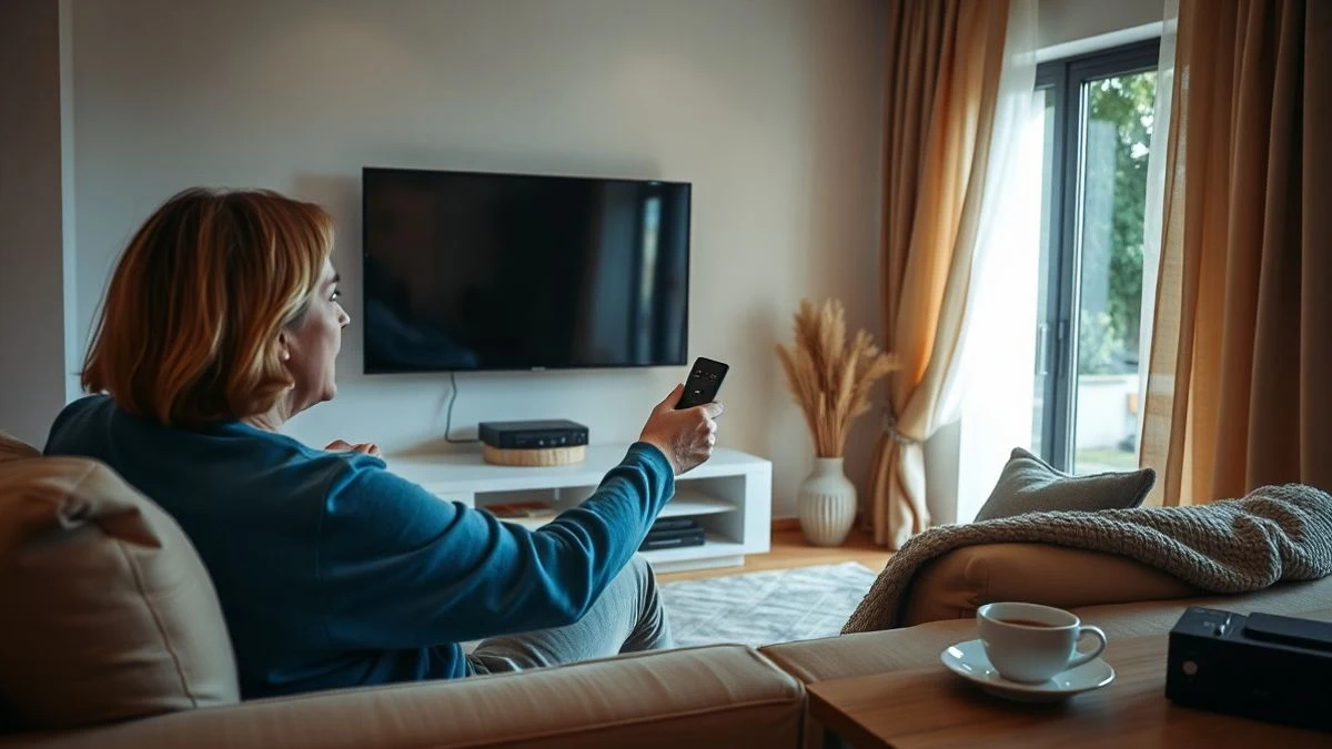 Persona sentada en un sofá viendo una televisión de pantalla plana apagada, sosteniendo un mando a distancia, en un salón con luz natural.