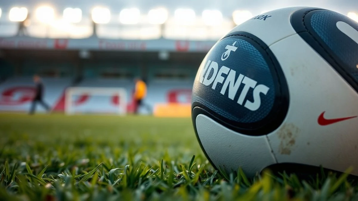 Primer plano de un balón de fútbol sobre el césped de un campo de entrenamiento al amanecer.