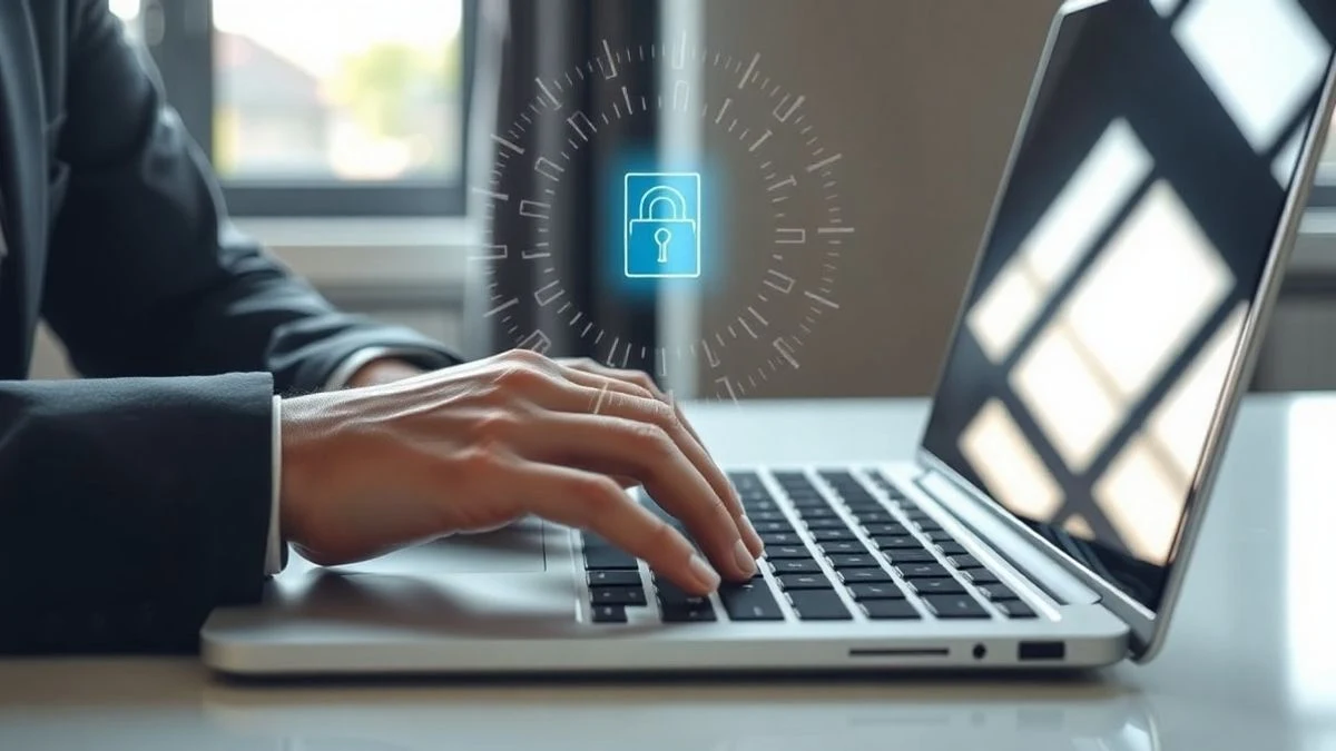 Primer plano de las manos de un ejecutivo escribiendo en un portátil con un holograma digital de seguridad desenfocado sobre el teclado.