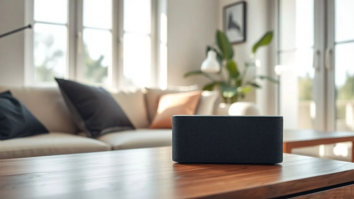 Un altavoz inalámbrico negro mate sobre una mesa de madera en un salón luminoso, con un sofá y una planta de fondo.