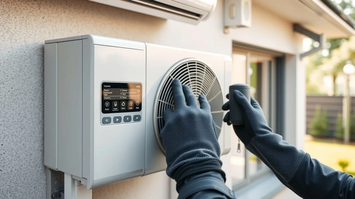Primer plano de una bomba de calor exterior en una pared de una casa moderna, con manos de un técnico ajustando un controlador de pared, pantalla apagada y luz natural.