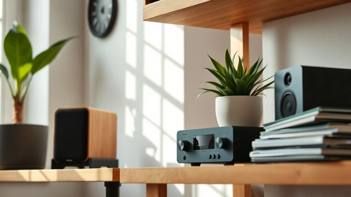 Un sistema de audio compacto con dos altavoces y un amplificador en una estantería de madera, con luz natural entrando por una ventana y una planta en maceta al lado.