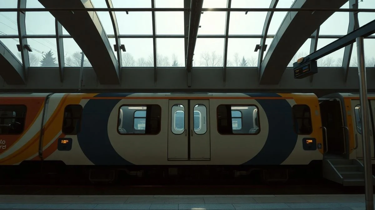 Vista de una estación de tren moderna con un tren detenido en el andén, luz natural entrando por grandes ventanales.