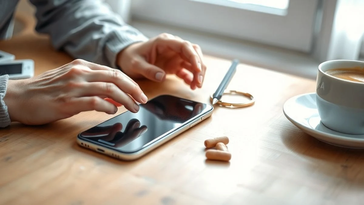 Primer plano de unas manos sosteniendo un smartphone apagado sobre una mesa de madera, con una taza de café al lado, en un salón luminoso.