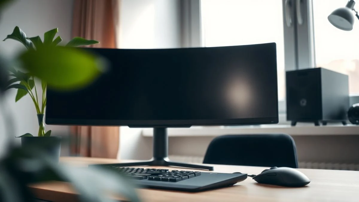 Primer plano de un monitor curvo ultrapanorámico apagado sobre un escritorio minimalista, con luz natural de una ventana.