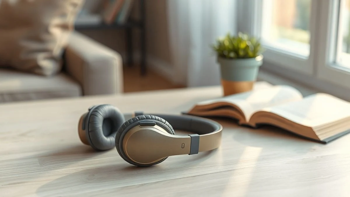 Unos auriculares inalámbricos de diadema de color gris apagado descansan sobre una mesa de madera clara en un salón europeo luminoso, con una planta al fondo.